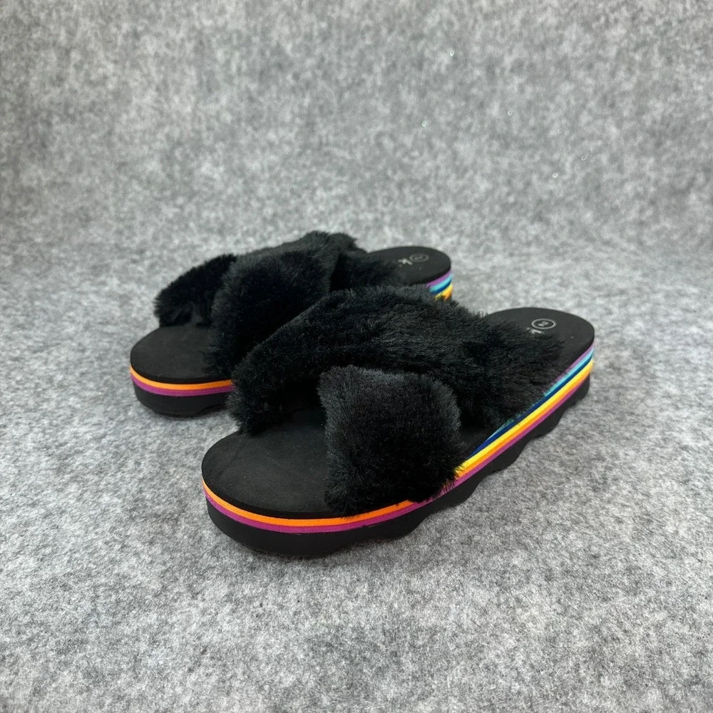 Kidpik Girls Size 2 Black Faux Fur Slide Sandals Platform Slip On Slides